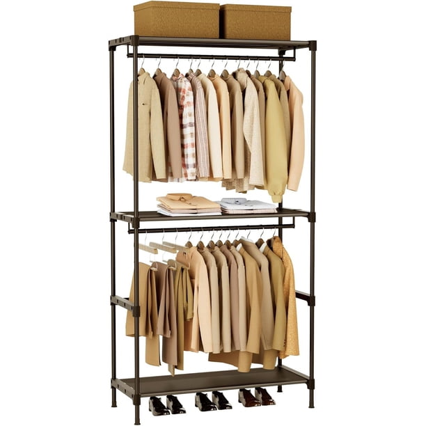 Perchero portátil de 27,6 pulgadas, organizador de ropa con estantes y 2 barras para colgar, fácil de montar, color negro PCT001B01