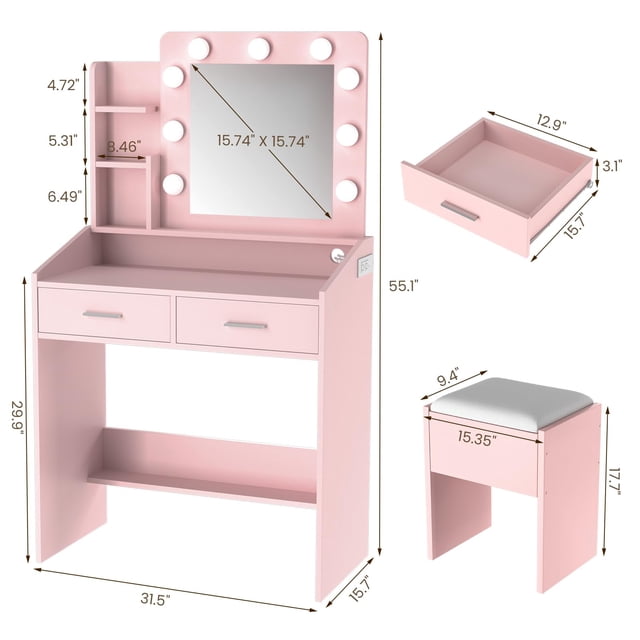 GloryStar Vanity Desk with Mirror and LED Lights, Makeup Vanity Desk with Power Outlet and Cushioned Stool, Dressing Table with 2 Drawers & 3 Lighting Modes Adjustable Brightness for Bedroom
