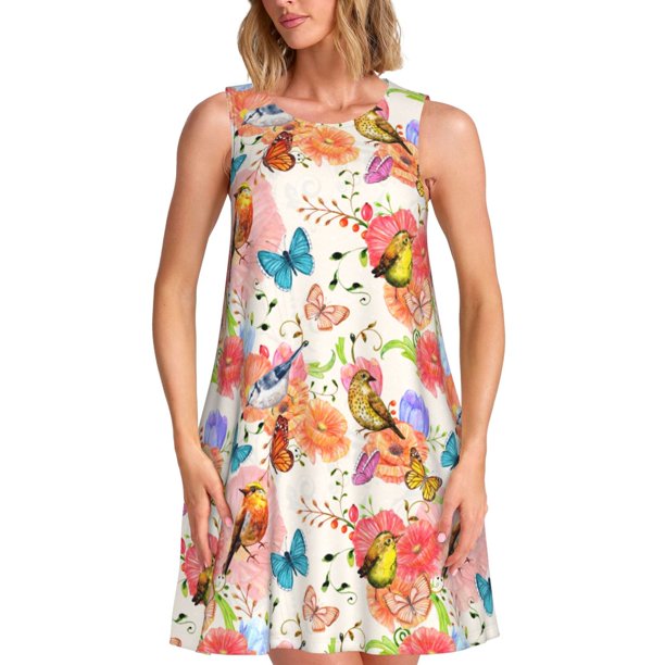 Fotbe Flowers And Birds Watercolor Vestido de Verano sin Mangas para Mujer – Vestido Midi Línea A, Estilo Camiseta Floral, Vestido Playero Casual y Fluido