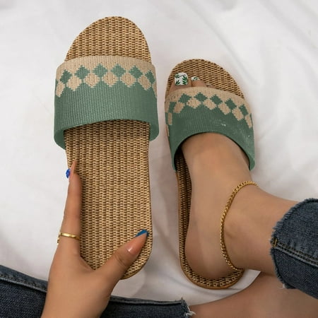 

〖Yilirongyumm〗 Green 37 Sandals Women Slippers For Women Female Colorblock Upper Slippers Bohemia Linen Flip Flops Beach Shoes Flax Sandals