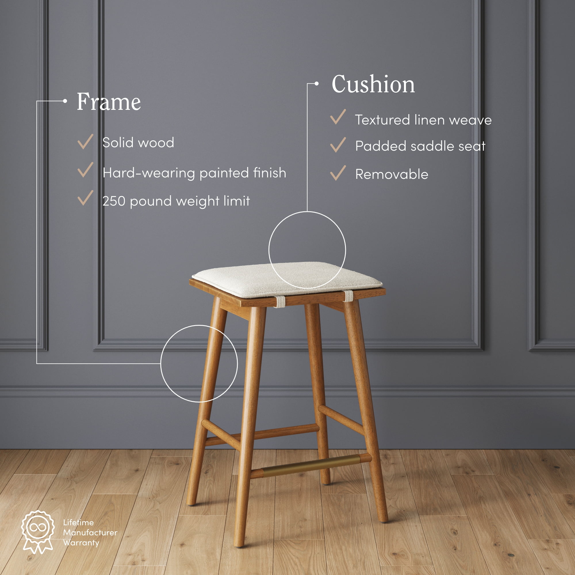 Nathan James Barker Counter Height Solid Wood Barstool with Upholstered Cushion, Backless Island Stool with Rubberwood Legs and Natural Textured Linen Upholstery for Kitchen, Brown/White