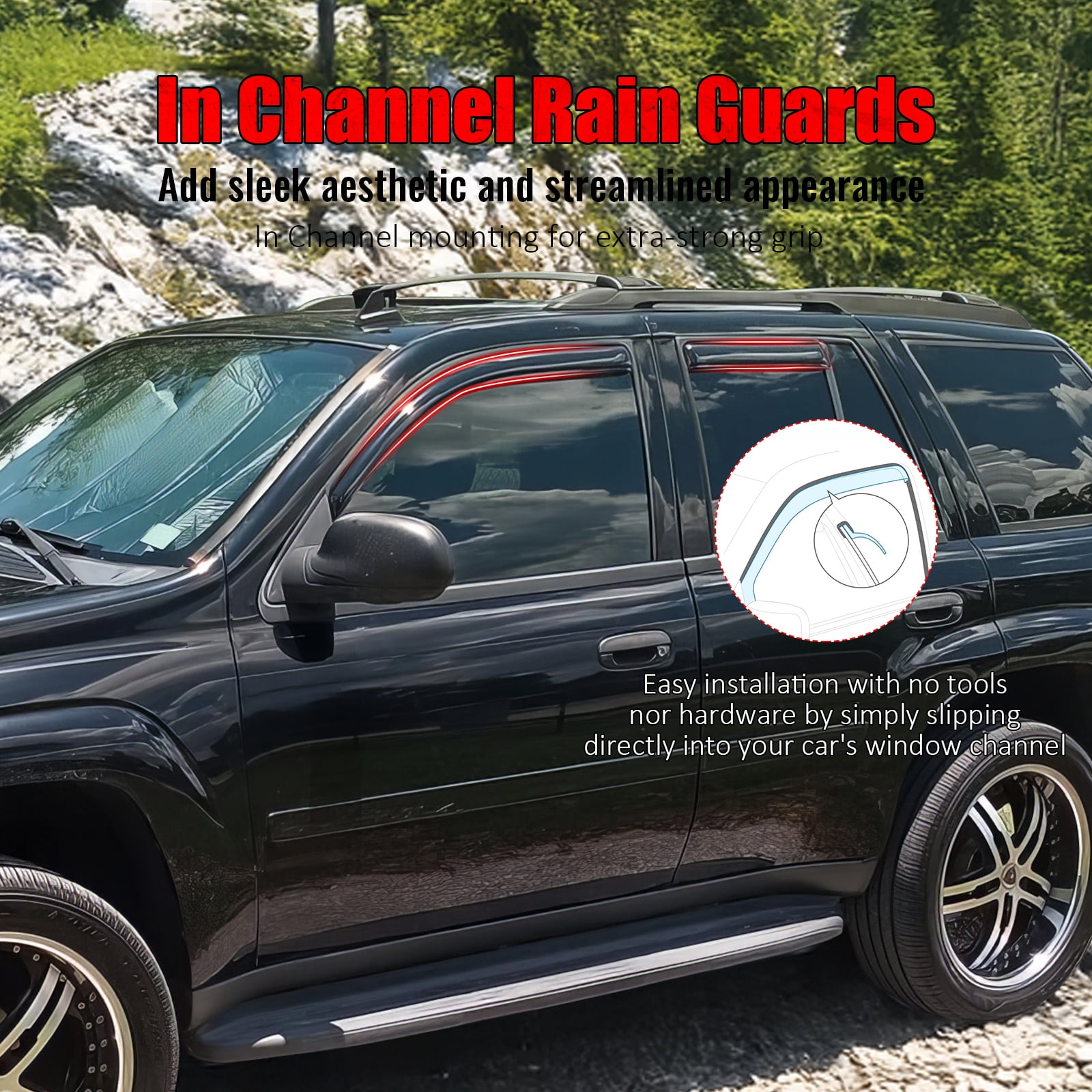 Ikon Motorsports In-Channel Window Visors Fits 2002-2009 Chevy Trailblazer & GMC Envoy, Slim Style Rain Vent Guard Deflectors, Acrylic Smoke 4PCS