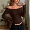 thumbnail image 2 of DHFJKG Womens Off The Shoulder Long Sleeve T Shirts Lace Trim Fitted Crop Tops For Women, 2 of 5