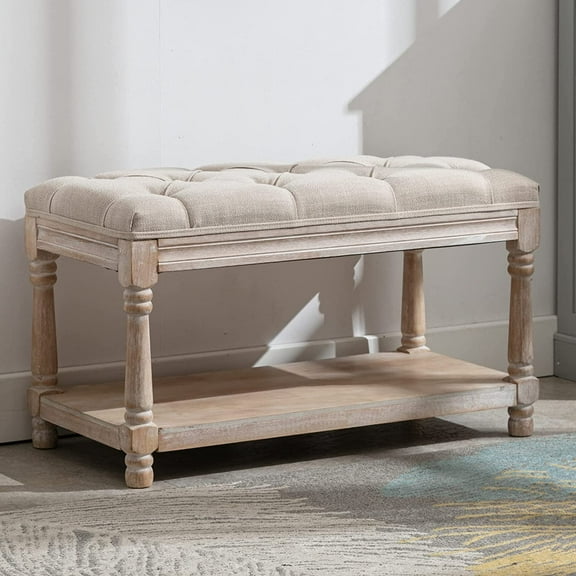 DUOMAY Farmhouse Tufted Storage Ottoman with Shelf, 31.5" Width Linen Upholstered Entryway Shoe Ottoman Foot Stool for Bedroom Living Room Dining Room, Beige