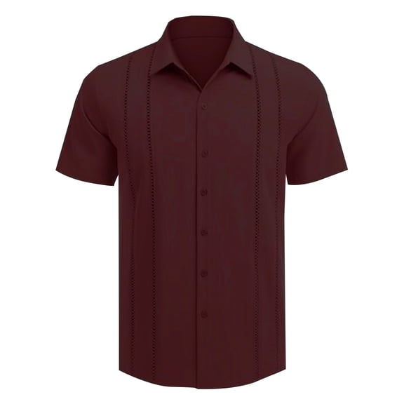 MIXUE Mens Casual Button Down Shirts Solid Color Lapel Short Sleeve Beach Shirt Tops Daily-Wear,Red,S