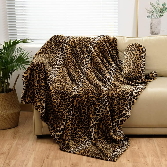 Leopard Print Fleece Flannel Throw Blanket with Leopard Storage Pouch,300 GSM Double Sided Bed Throw,Lightweight Fuzzy Sofa Blanket for Adults and Kids,Super Soft Flannel Throw