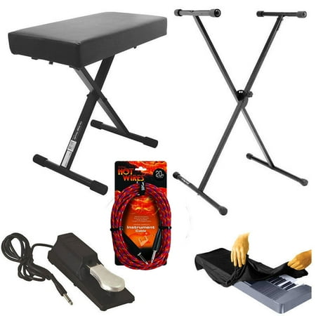 - On Stage KT7800 Padded Keyboard Bench With On Stage Classic Single-X Keyboard Stand With On Stage KSP100 Universal Sustain Pedal With Keyboard Dust Cover for 88 Key Keyboards + Hot Wires Guitar Instru