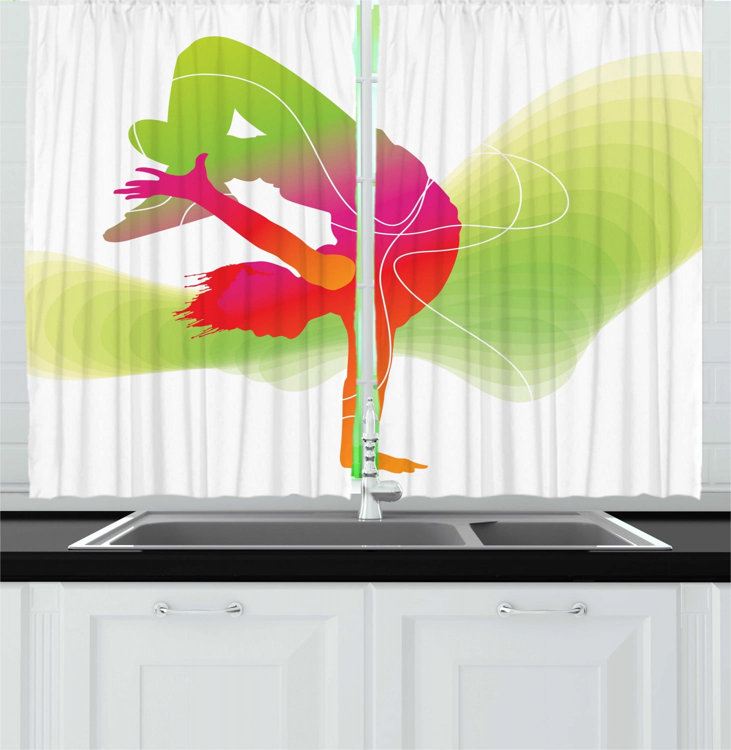 Dance Curtains 2 Panels Set, Vivid Colorful Dynamic Sporty Theme Dancer