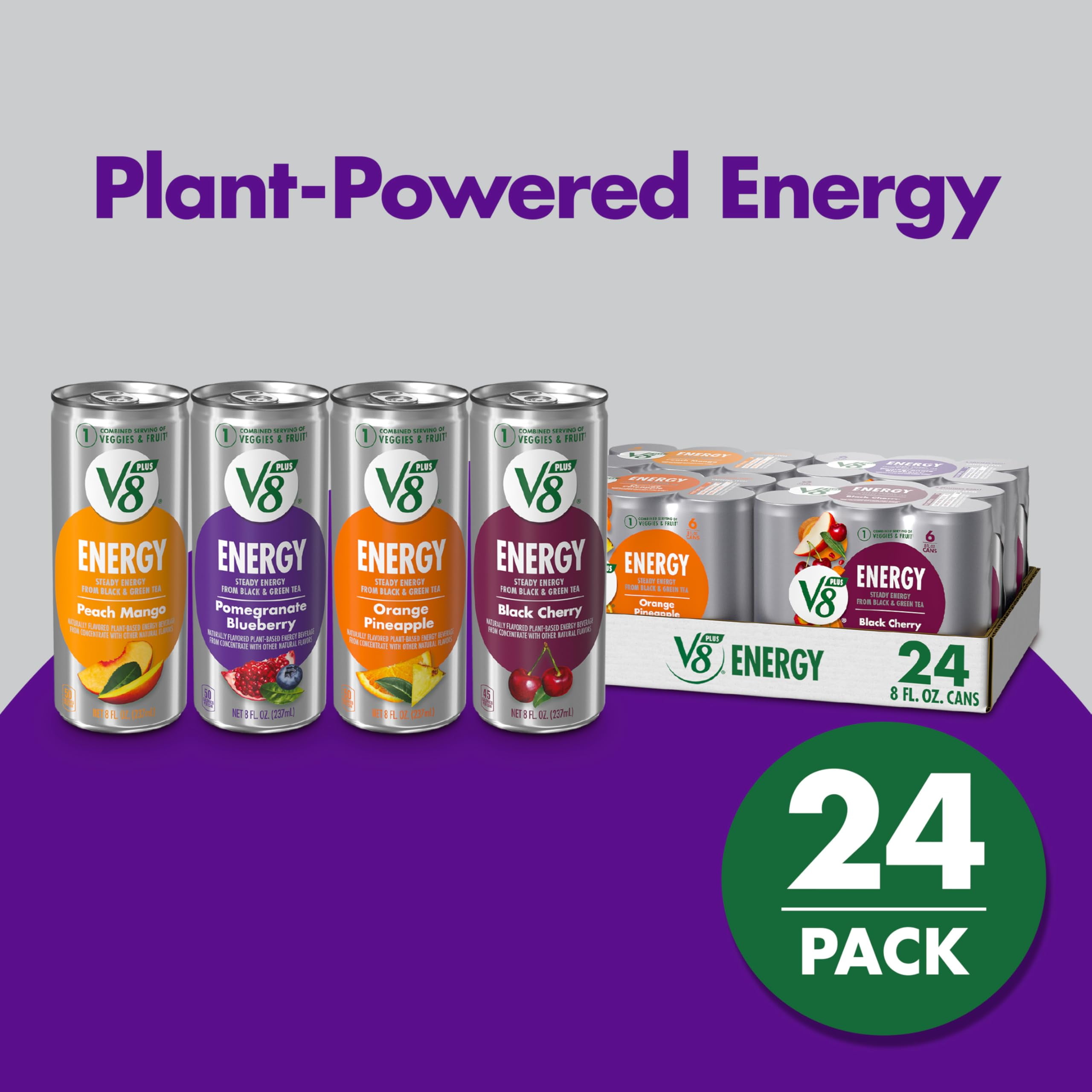 V8 +Energy Peach SCH4&nbsp;Mango, Orange Pineapple, Black Cherry and Pomegranate Blueberry Juice Energy Drinks, 8 fl oz Can (24 Pack)