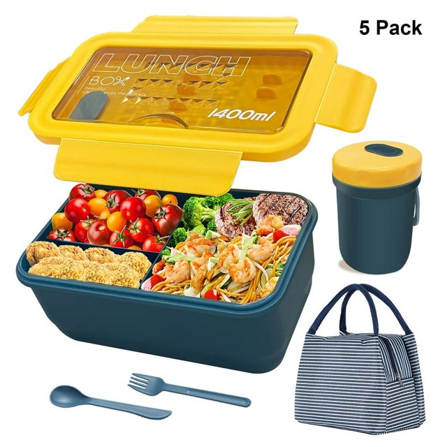 MesaSe Portable Bento Lunch Box for Adults and Kids With 3 Compartment 1400ML Leak Proof Bento Lunch Box Kit Lunch Container Included Reusable Insulated Lunch Bag Soup Cup Spoon & Fork