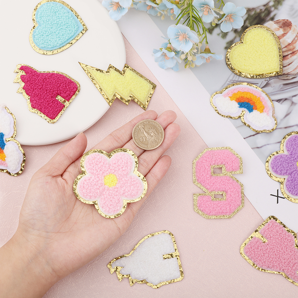 1 Bag Lightning Bolt & Castle & 5-Petal Flower & Letter A~Z & Heart & Rainbow Towel Embroidery Style Cloth Iron on/Sew on Patches Costume Accessories Mixed Color 44~61x41~71x2~3.5mm