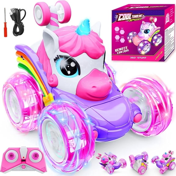 Annexfun Unicorn Remote Control Car Toys for Girl - RC Stunt Cars 4WD 360° Rotating | Pink Remote Control Vehicle 2.4GHz Toy Car with LED Lights, Birthday Gift for 3 4 5 6 7 8 9 Year Old Girls