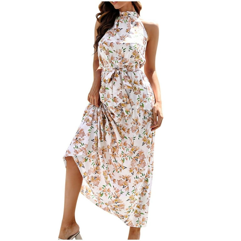 Boho Halter Floral Print Off Shoulder With Belt Casual Maxi Dresses Boho Halter Floral Print Off Shoulder With Belt Casual Maxi Dresses