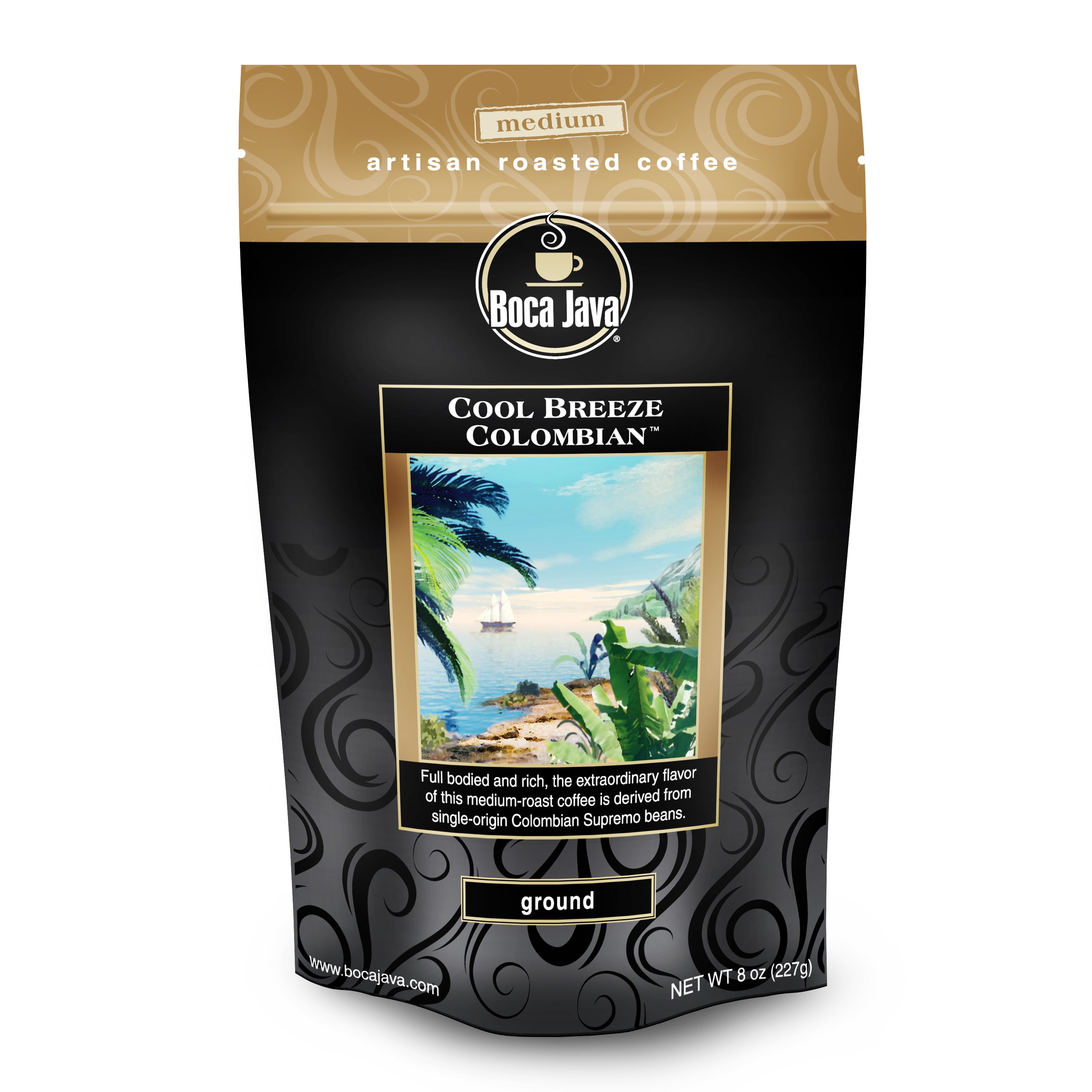 Boca Java Cool Breeze Colombian Single Origin Ground Coffee, Medium Roast, 8 oz. Bag, 100% Arabica, Roast to Order