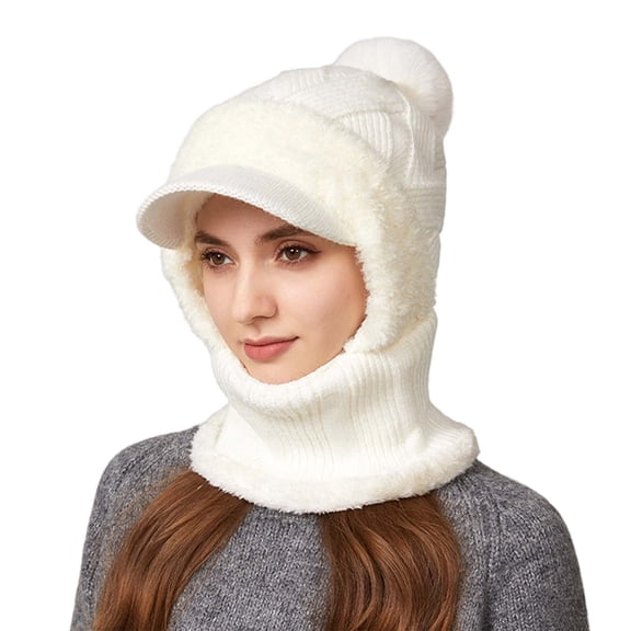 Bibifish Womens Knit Brim Beanie Hat With Fleece Lined Ear Flaps Pom Pom Top Warm Cozy Stretchy Hat One Piece Winter Cozy Hats For Outdoor Cycling