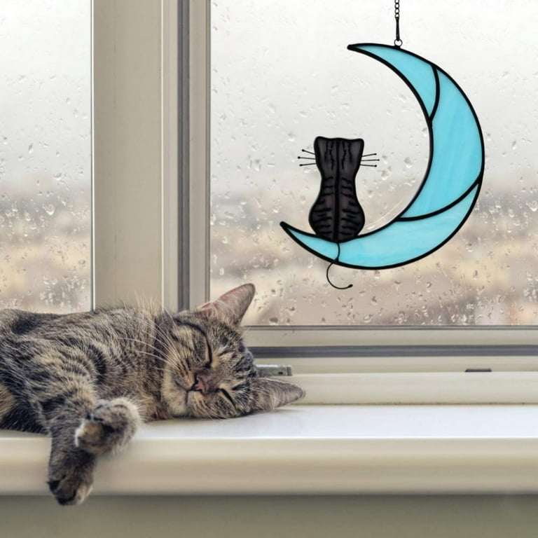 Funny Cat Themed Gifts,Stained Glass Cat Moon Hanging Decor,Handcrafted Cat Suncatchers for Glass Window Hangings - Walmart.com
