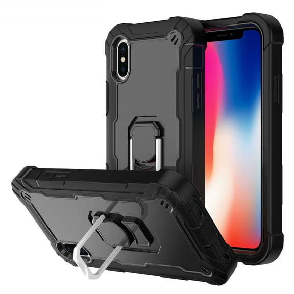 iPhone Xs Max Case and Cover 6.5 Inch 2018, Allytech 3 in 1 Hybrid Hard PC Soft Rubber Heavy Duty Shockproof Finger Ring Holder Kickstand Slim Case for iPhone XS Max 6.5", Black