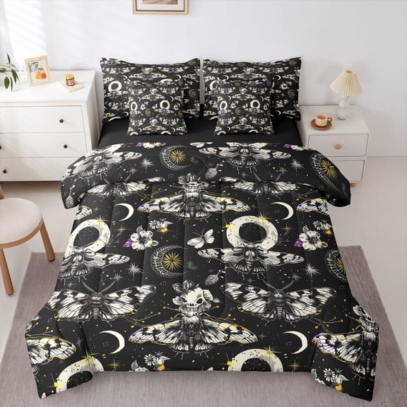 Homewish Gothic Moths Skull 7-Piece Twin Bedding,Moon Floral Bedding Comforter Set,Cream Black,Halloween Bed Set,Black Reversible