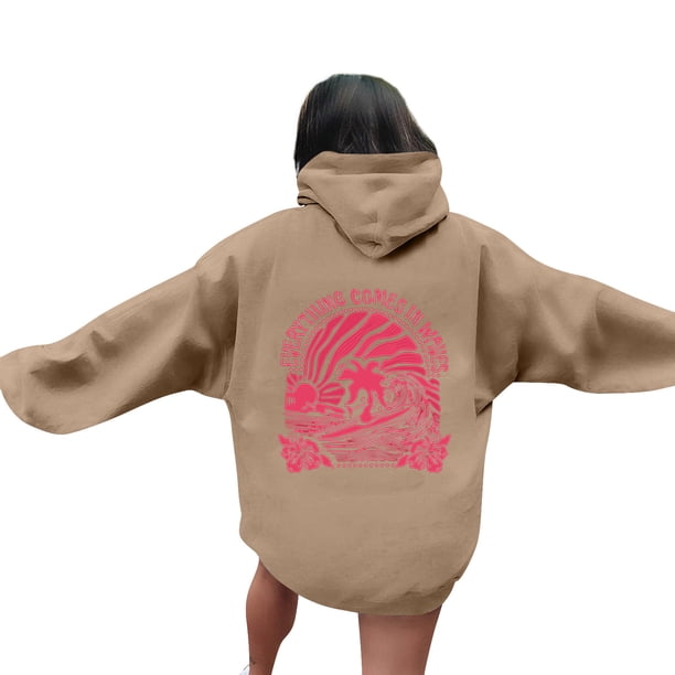 Sudadera con capucha Pink Palm Puff para mujer 2024, Everything Comes in Waves" Sudadera con capucha de gran tamaño Sudadera casual preppy, sudadera con capucha gráfica rosa para niñas Camello XL