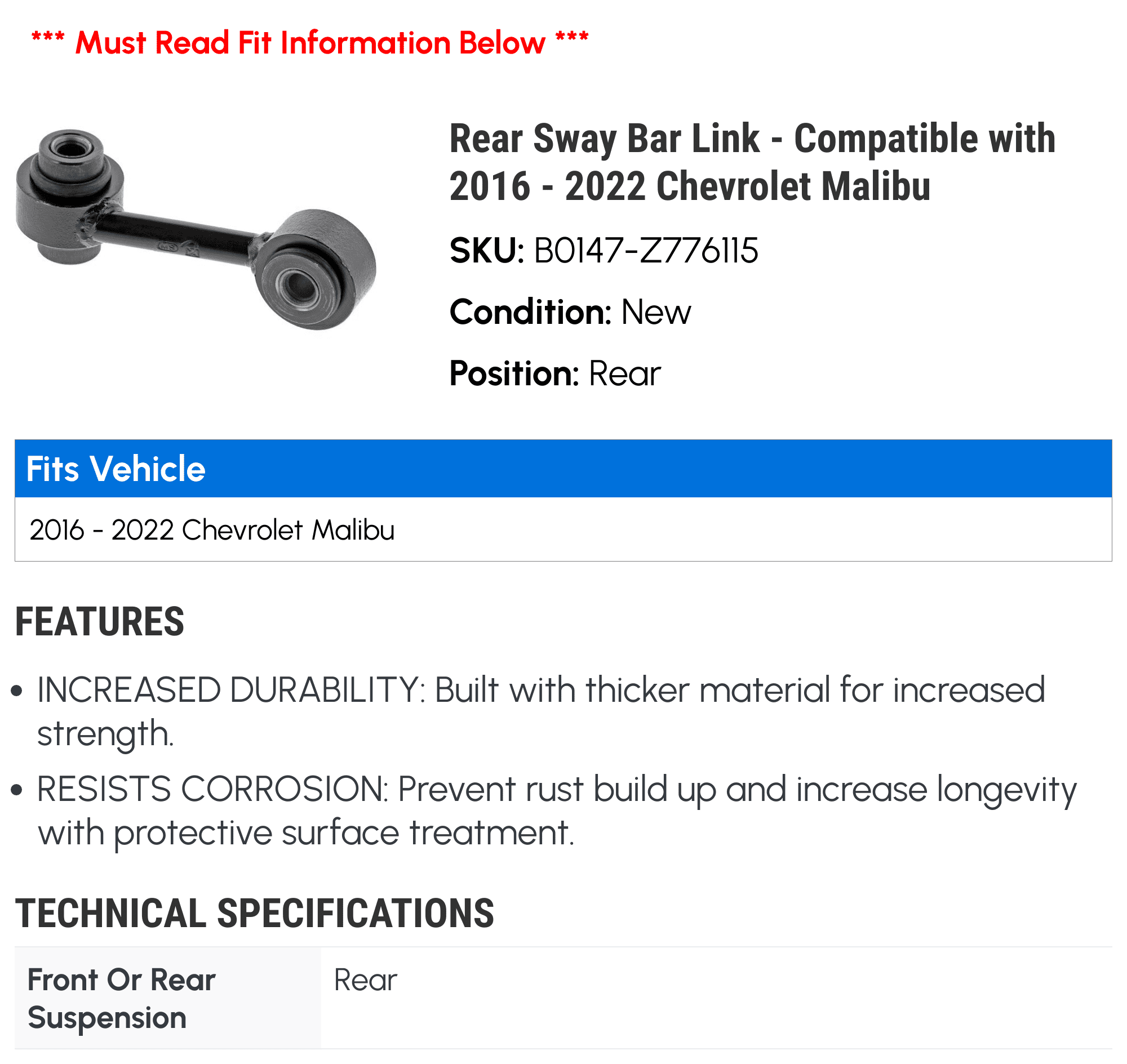 Rear Sway Bar Link - Compatible with 2016 - 2022 Chevy Malibu 2017 2018 2019 2020 2021