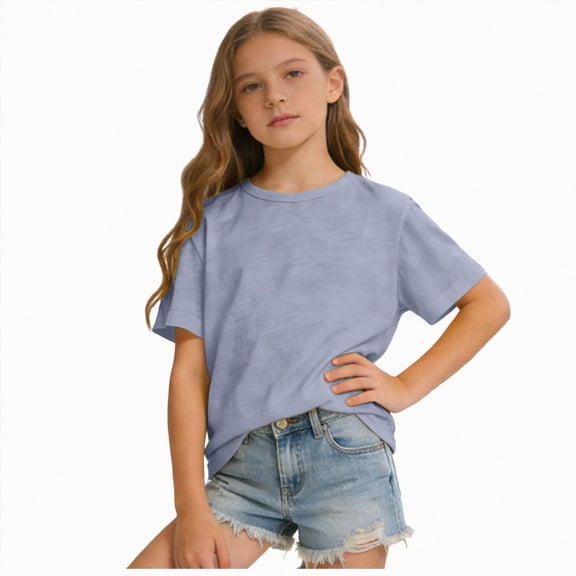 Girls Clothes Solid Color Short Sleeve Top Soft Breathable for Summer Casual School Sky Blue 1-2 Years
