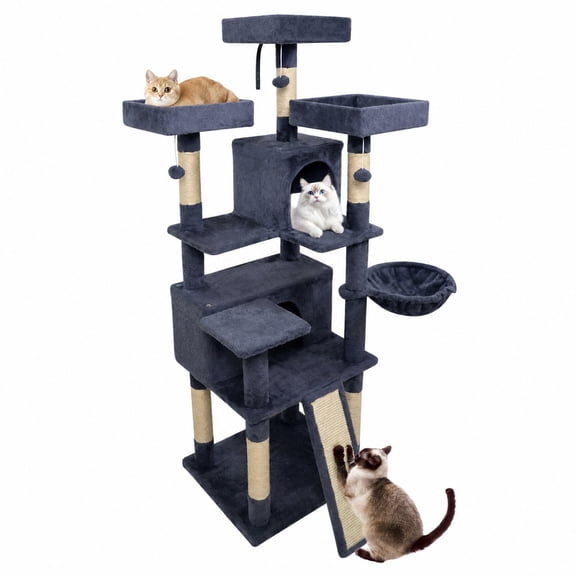 SUGIFT 65 Inch Tall Multi Level Cat Tree with 3 Perches and 2 Condos, Large Cat Tower with Sisal Scratching Board for Indoor Cats, Dark Gray