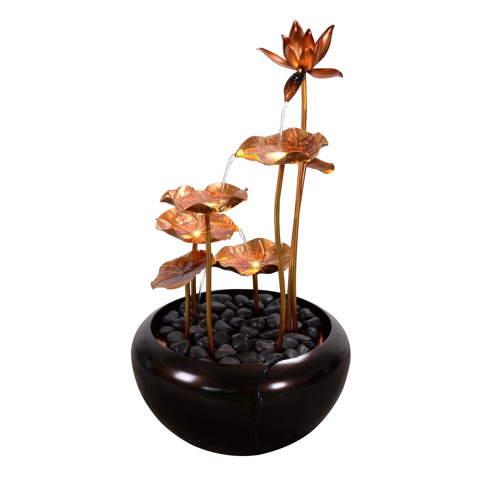 Galvanized Metal Fountain with 4 LED Lights and River Stones - Outdoor