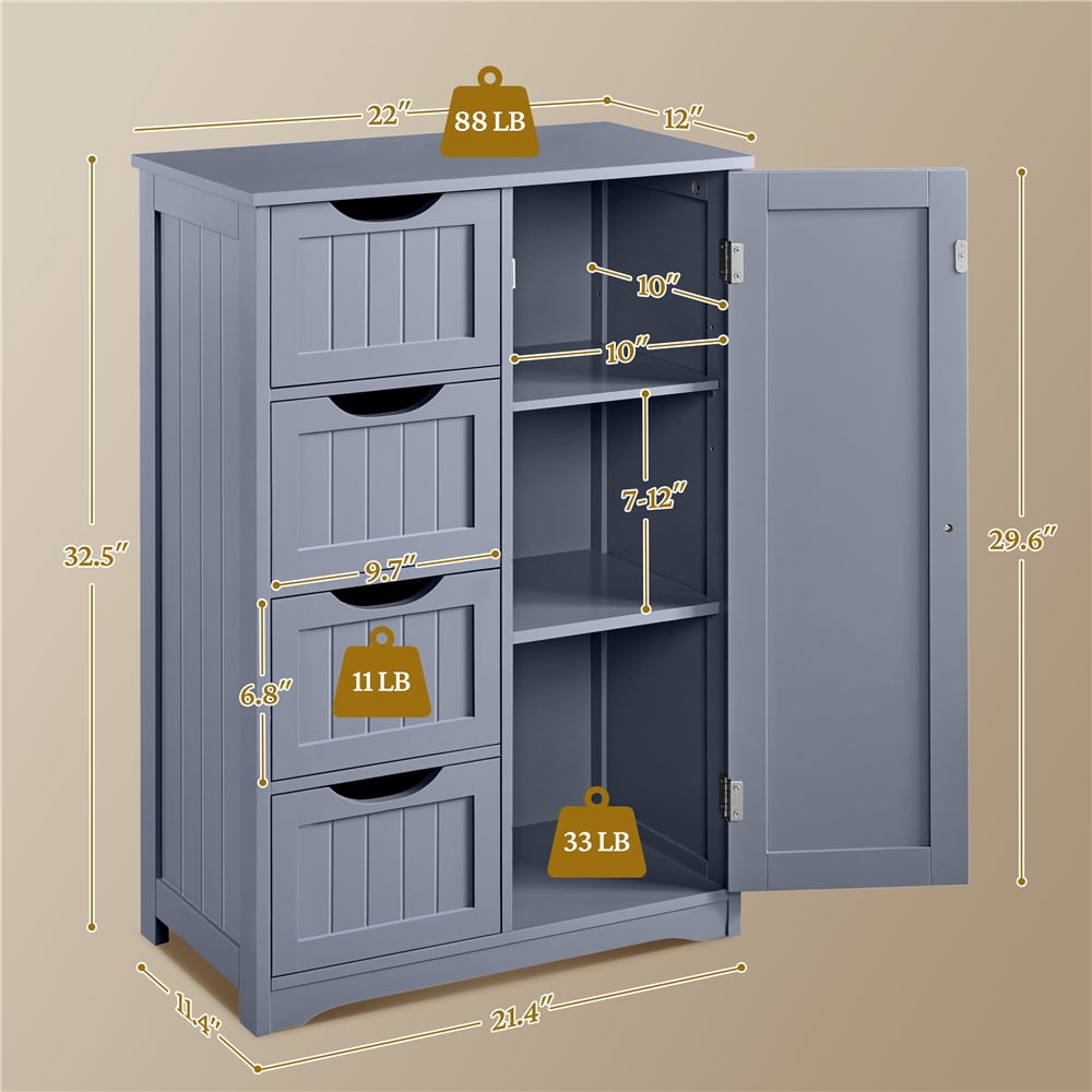 Yaheetech 4 Drawers Wooden Bathroom Storage Cabinet, Gray