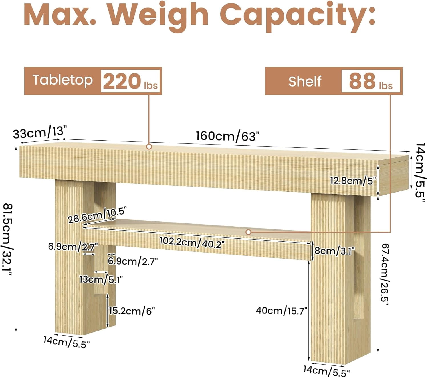 Frmobepts Fluted Console Table, Farmhouse 63" Long Narrow Entryway & Sofa Tables for Hallway, Tall Accent Table Behind Couch for Foyer Living Room, Natural Oak