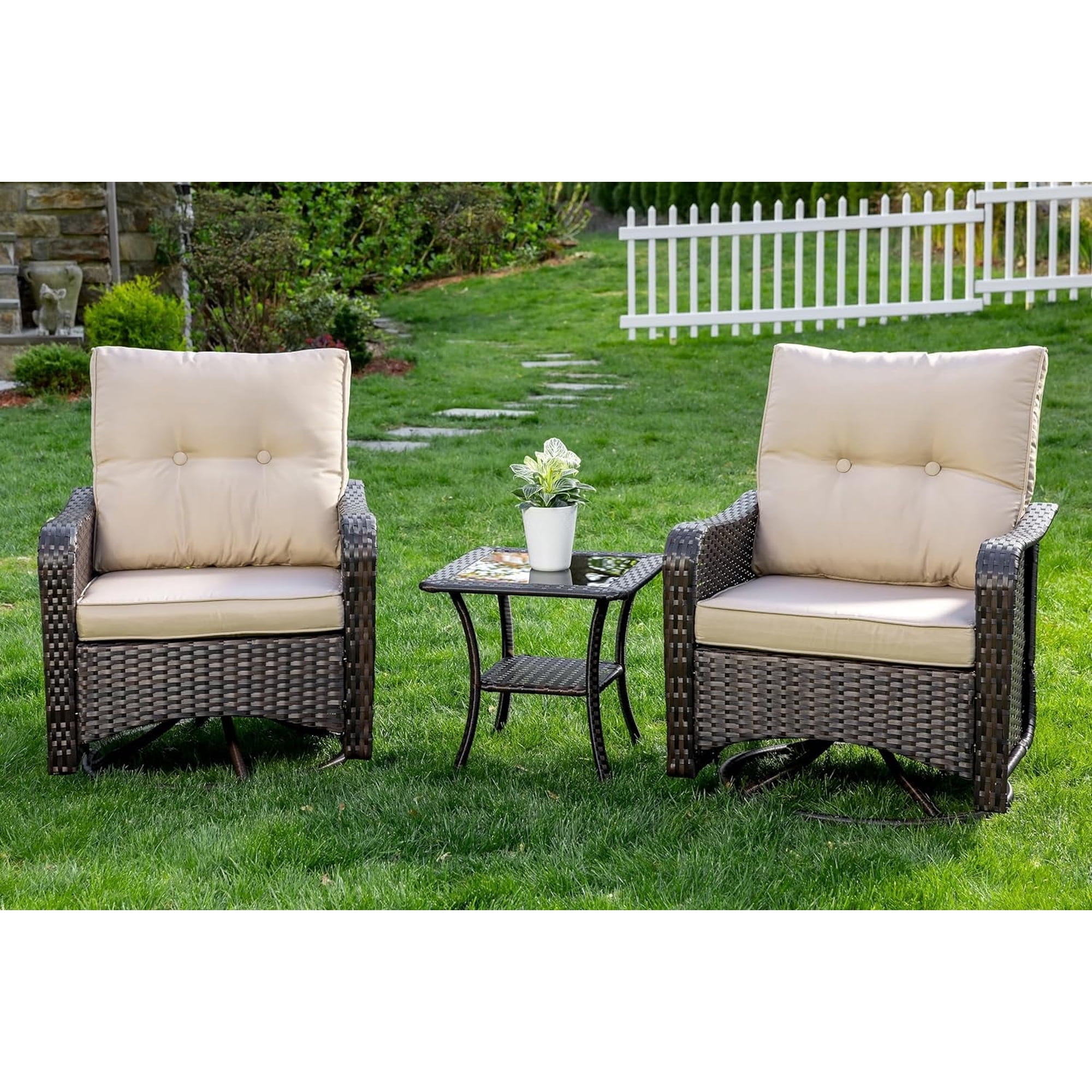Kullavik 3 Pieces Patio Swivel Rocker Wicker Chairs-Outdoor Swivel Rocking Chairs with 1 Rattan Coffee Table&2 Grey Thickened Cushions Outdoor Furniture Conversation Sets for Patio Garden - Khaki