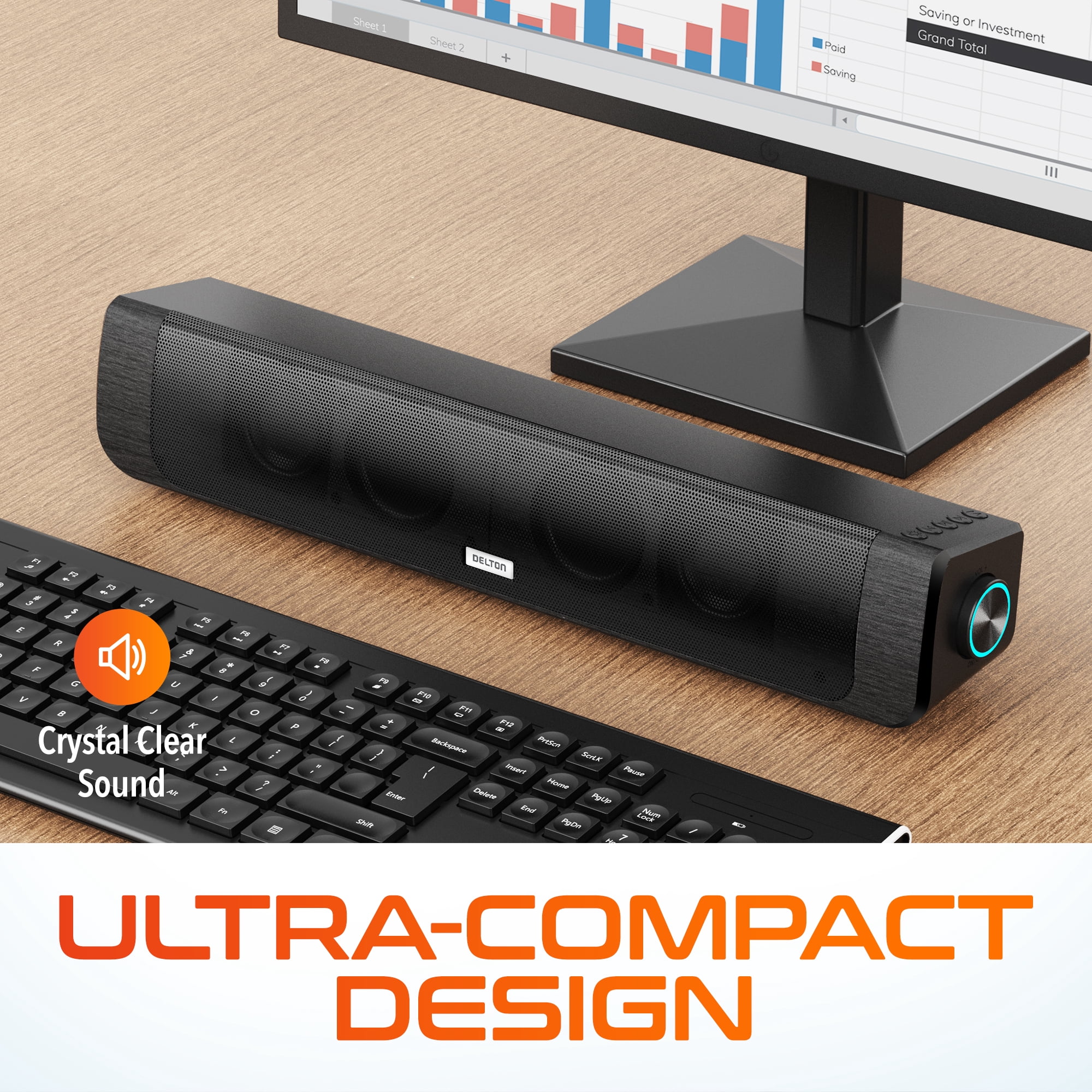 Delton SB200 20W Bluetooth Soundbar, Dual-Powered Hi-Fi Stereo Computer Speakers with Rich Bass, 10Hrs Playtime, 30ft Bluetooth Range, Aux Connection Perfect for Windows, PC, Laptops, Phones - Black