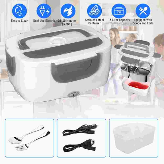 MDHAND 2 in 1 110V 12V Stainless Steel Electric Heating Lunch Box Car Food Warmer Container Reusable Lunch Box Set