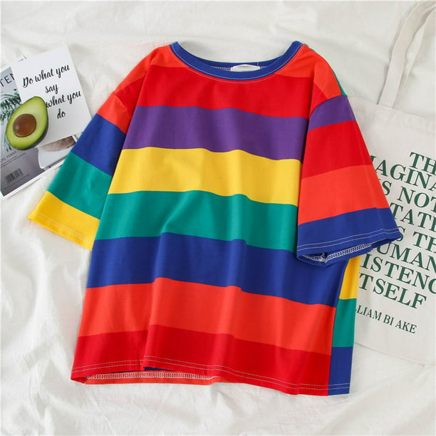 Ardorlove - Rainbow T-shirt Female Korean Harajuku Casual Loose Rainbow ...