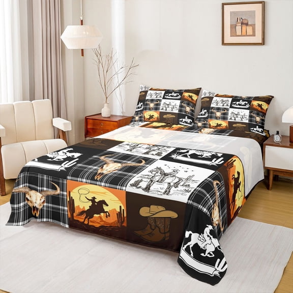 Manfei Retro Bull Skull Bed Sheets,Rustic Western Cowboy King Sheets,Orange Sunset Natural Scenery Sheet Set For Boy Kids,Luxury Bedroom Decor,4-Piece