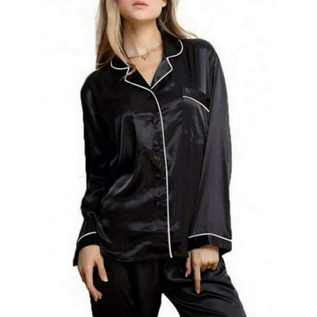 

Karuedoo Women Silk Satin Pajamas Set Long Sleeve Button-Down Tops+Pants Sleepwear Nightwear Homewear Black XL