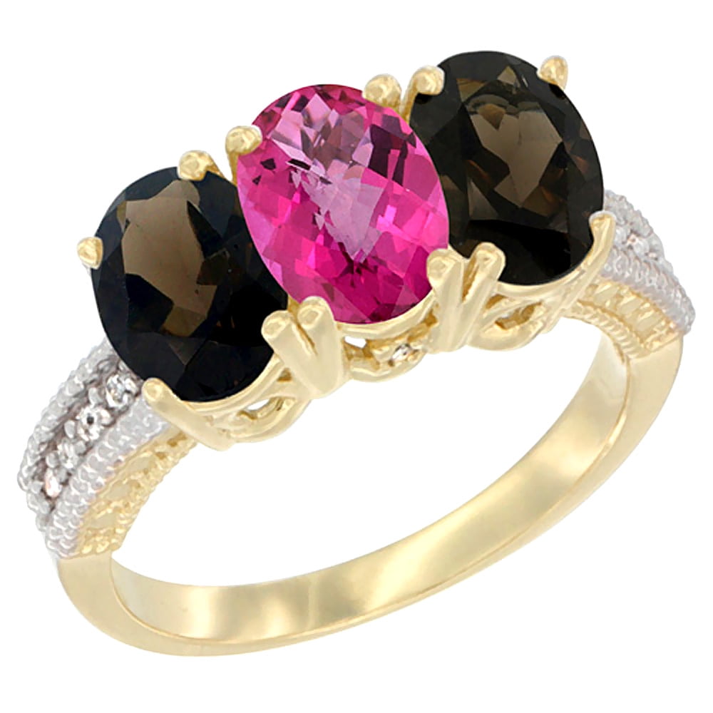 10K Yellow Gold Diamond Natural Pink Topaz & Smoky Topaz Ring 3-Stone 7x5 mm Oval, sizes 5 10 by WorldJewels