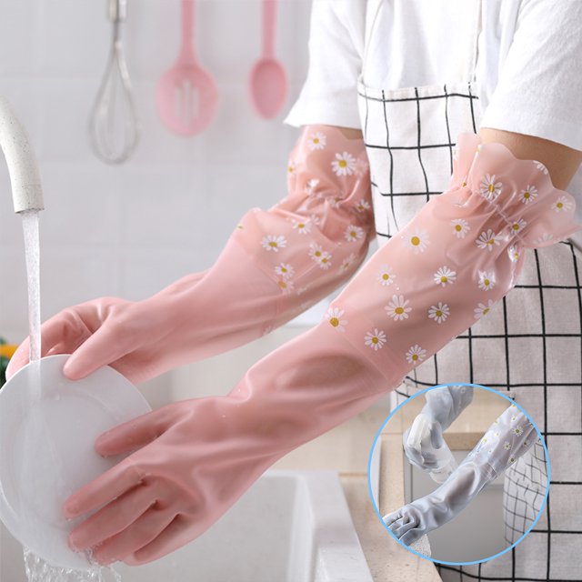 2 Pairs Huryfox Dishwashing Gloves, Reusable Household Cleaning Glove, Skin-Friendly, Non-Slip, Durable, Laundry, Kitchen, Toilet, Latex Free, Medium Size, Pink And Blue