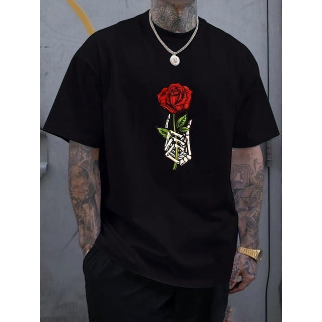 Camiseta de manga corta con cuello redondo y estampado de rosas para hombre, moderna, cómoda y transpirable, ideal para primavera, verano y vacaciones.