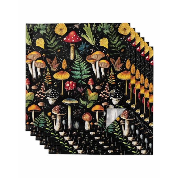 nqOlkjepod Yellow Mushroom Cloth Napkins Set of 6 Reusable Dinner Napkins, Spring Summer Botanical Vintage Black Cocktail Napkin Washable Table Napkins for Wedding/Holiday Party/Baby Shower 20"x20"