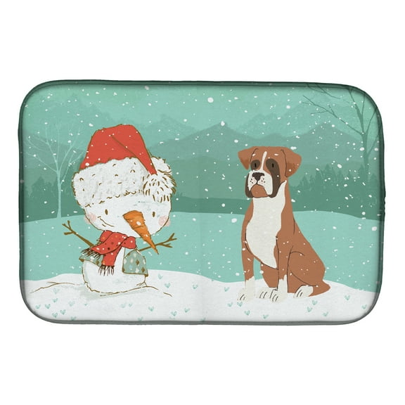 Fawn Boxer and Snowman Christmas Dish Drying Mat