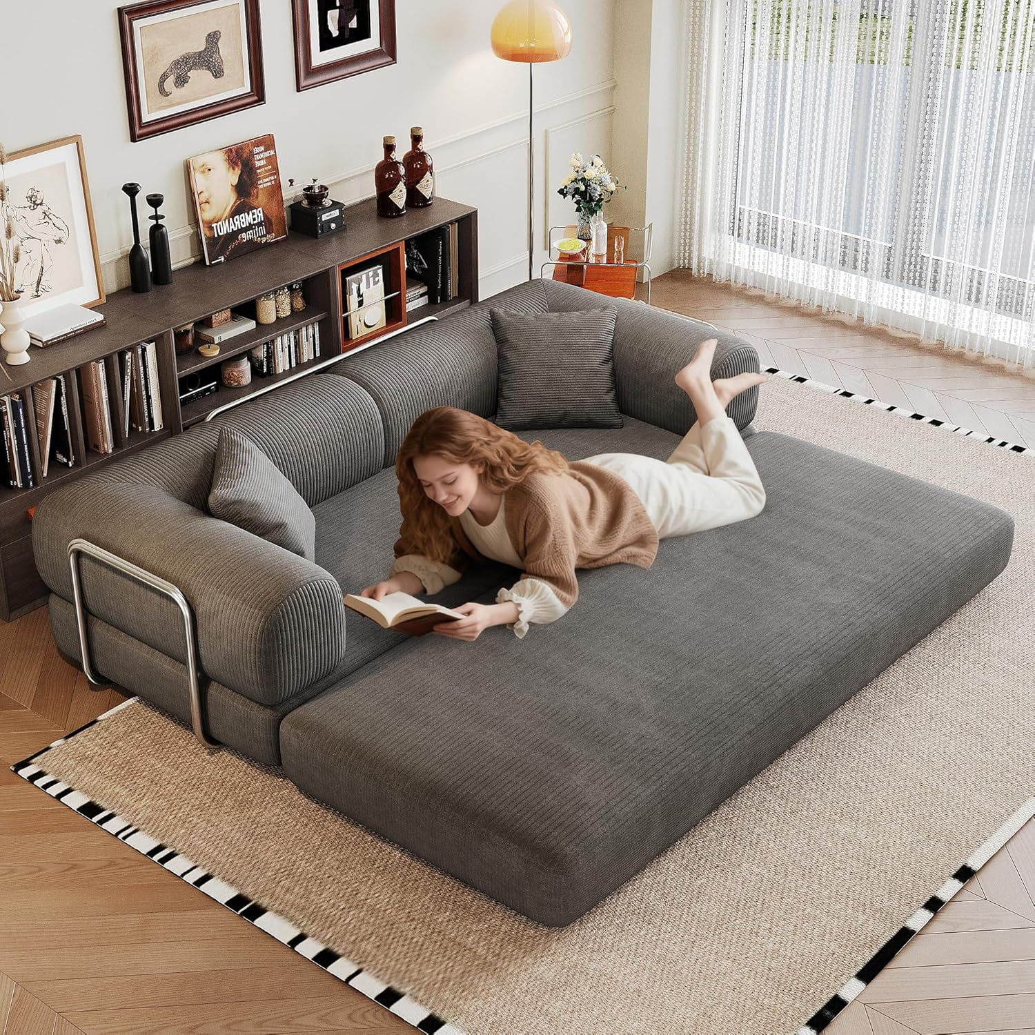 Howcool 79" Convertible Sofa Bed, Corduroy Folding Pull Out Couch with Pillows, Boneless Compression Sofa in a Box, Floor Sofa with Support Rods for Living Room,Gray