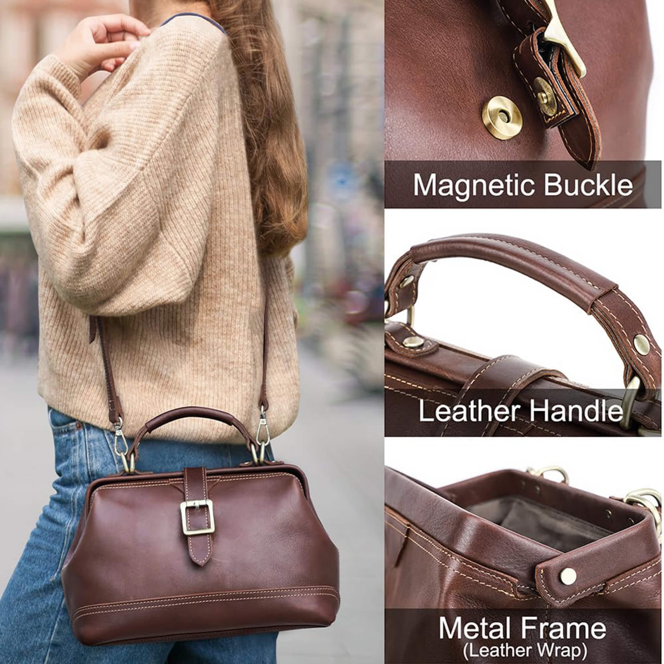Contact's Genuine Leather Handbags Tote Shoulder Bag,Doctor Bag for Women, Large Capacity,Valentine Gift, Red Brown
