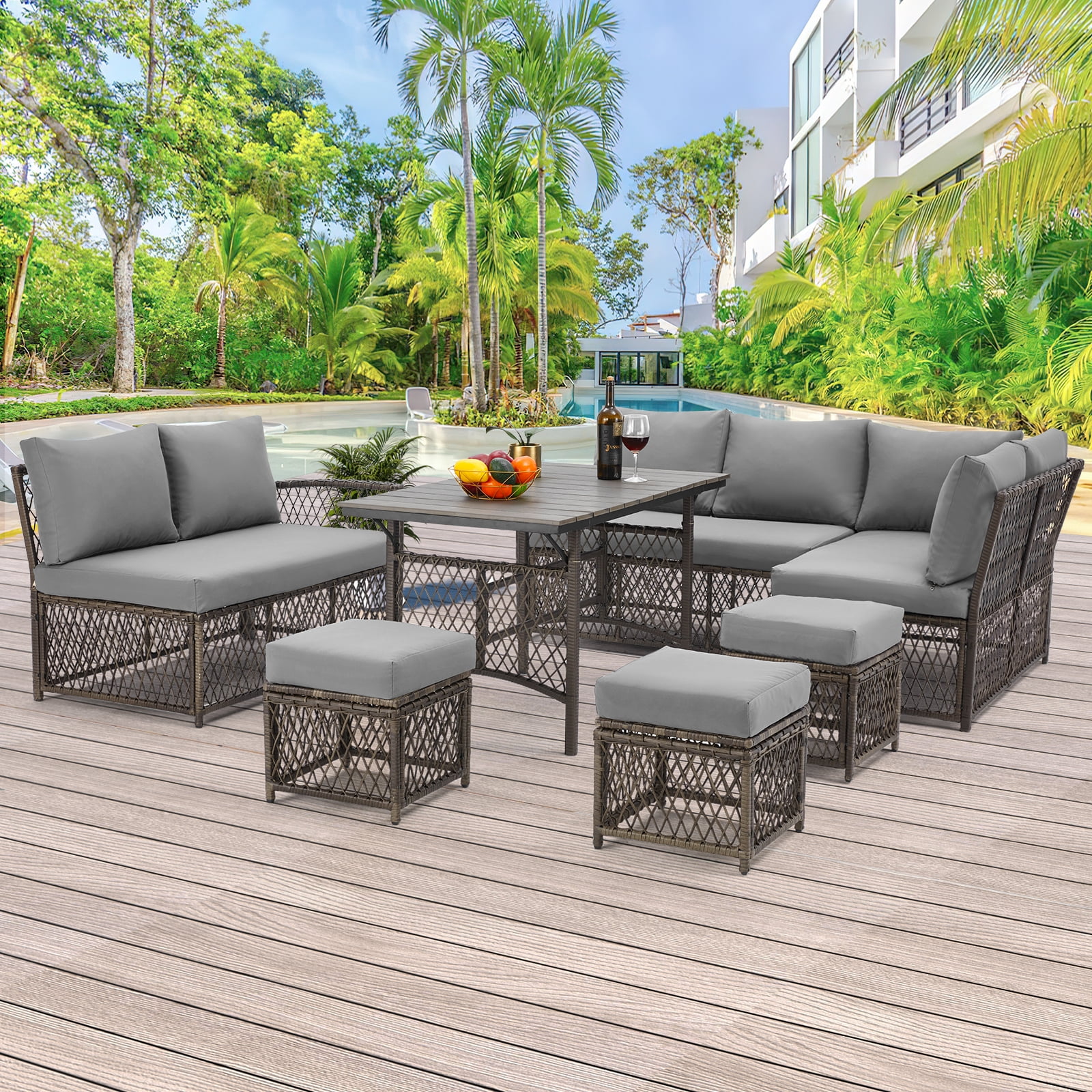 AECOJOY Outdoor Furniture Set, 7-Piece Rattan Wicker Sectional Sofa Couch, Patio Conversation Set with Dining Table & Chair in Gray