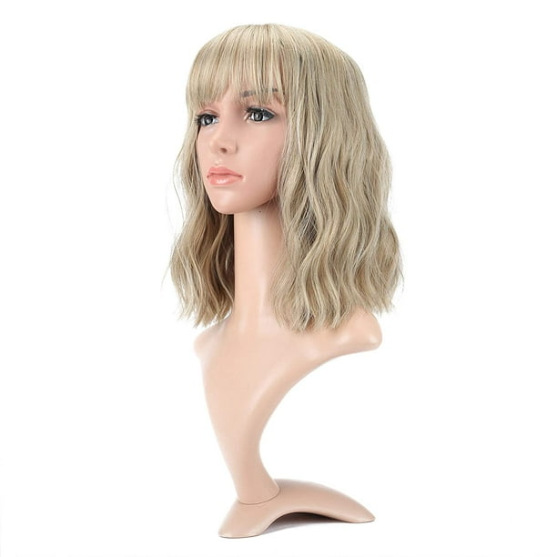 Pelucas onduladas naturales de Bob corto con flequillo de aire hasta los hombros para mujeres peluca sintética ondulada rizada pastel Bob peluca para niñas pelucas coloridas (12 pulgadas, mezcla rubia