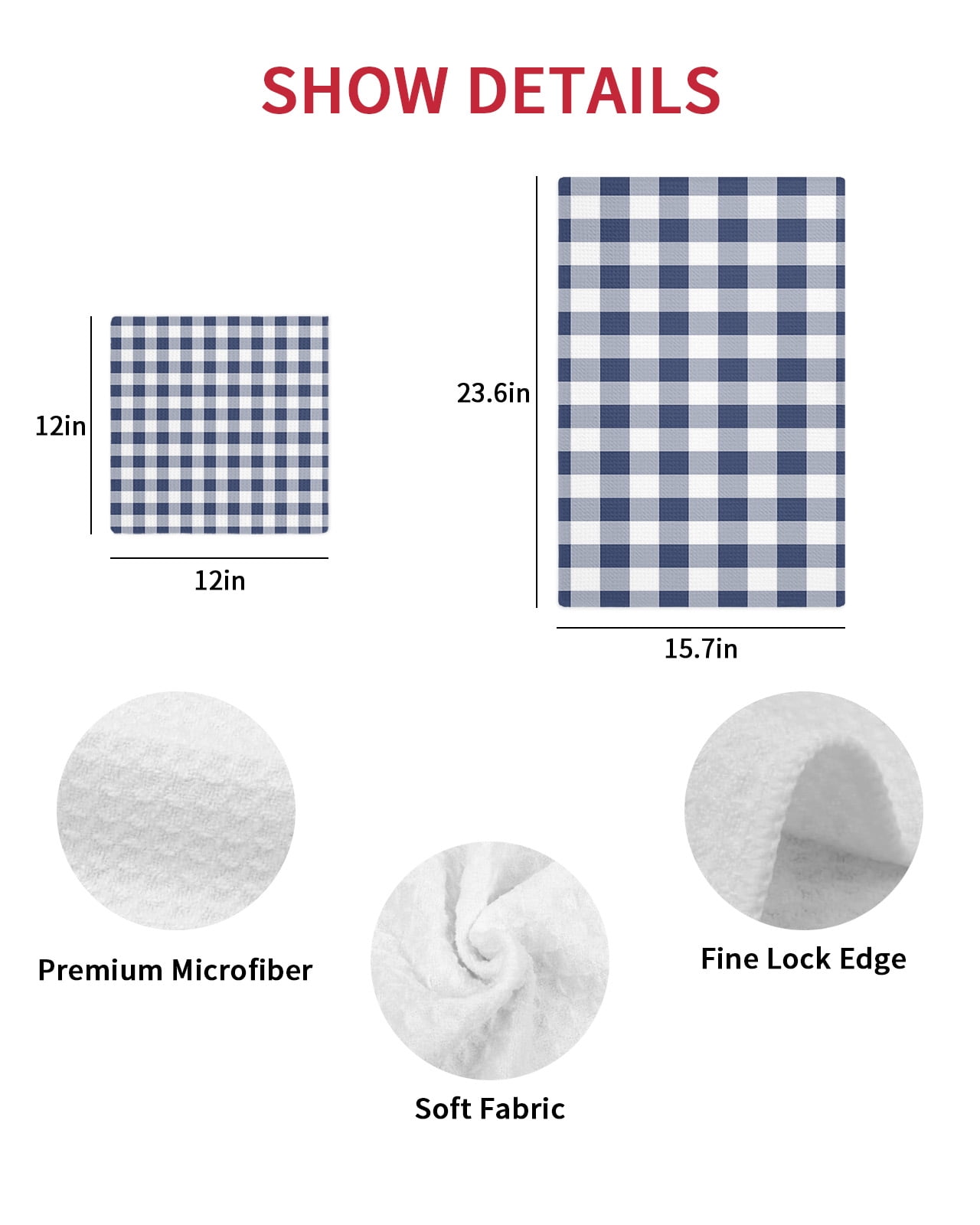 Navy Blue White Plaid Dish Towels Set, Waffle Weave Kitchen Towels 3 Pieces, Farmhouse Checkered Buffalo Microfiber Hair Face Bath Tea Towel Absorbent Quick Drying Cleaning Dish Cloths 12"x12"