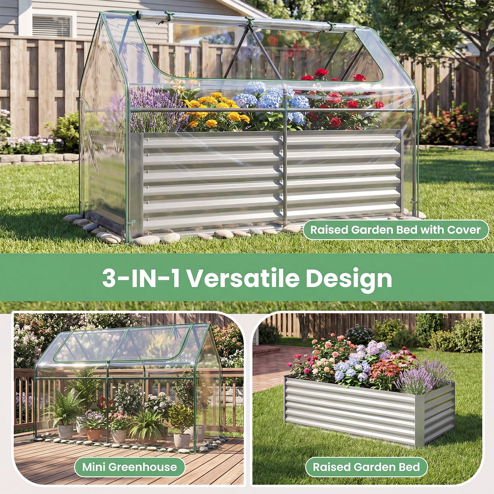 Gymax Galvanized Raised Garden Bed w/ Cover68''x33''x21''Planter Box w/ Mini Greenhouse Sliver & Clear