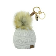NYFASHION101® Pom Pom Beanie Key Chain Key Ring Handbag Tote Accessory - Ivory/Silver