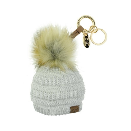NYFASHION101® Pom Pom Beanie Key Chain Key Ring Handbag Tote Accessory - Ivory/Silver