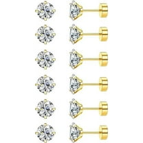 Knubmt 6 Pairs 316L Stainless Steel Stud Earrings Cubic Zirconia Earrings Flat Back Stud Earrings Set for Women Men, 6mm, Gold