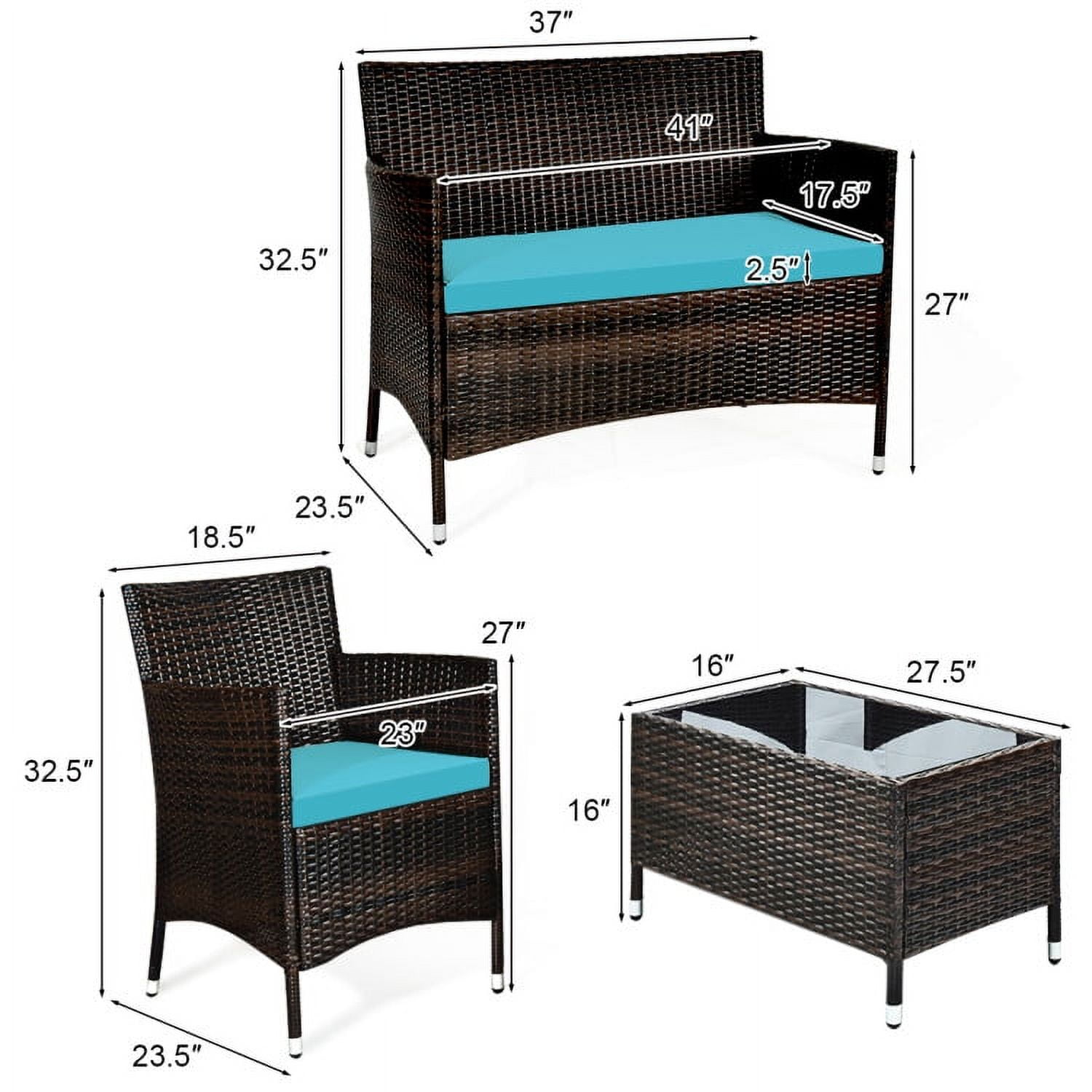 Aimee Lii 4 Pieces Patio Cushioned Wicker Conversation Set, Outdoor Sectional Set with with Glass Coffee Table, Turquoise Aimee Lii 4 Pieces Patio Cushioned Wicker Conversation Set, Outdoor Sectional Set with with Glass Coffee Table, Turquoise